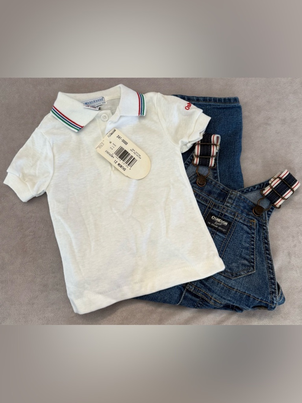 OshKosh B’gosh Baby Boy 12M Denim Overalls & Polo Shirt Outfit Set NWT *Read*